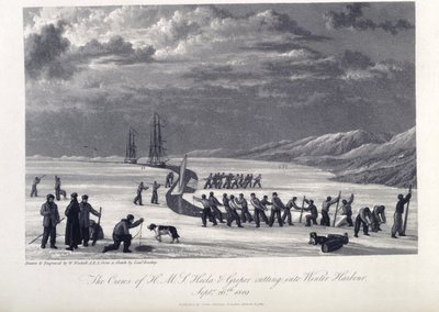 The crew of H.M.S. Hecla and Griper cutting into winter harbour, Sept. 26th 1819, illustration from 