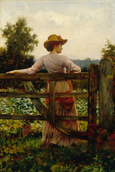 The Trysting Place, Woman Leaning on Gate by William A. Breakspeare