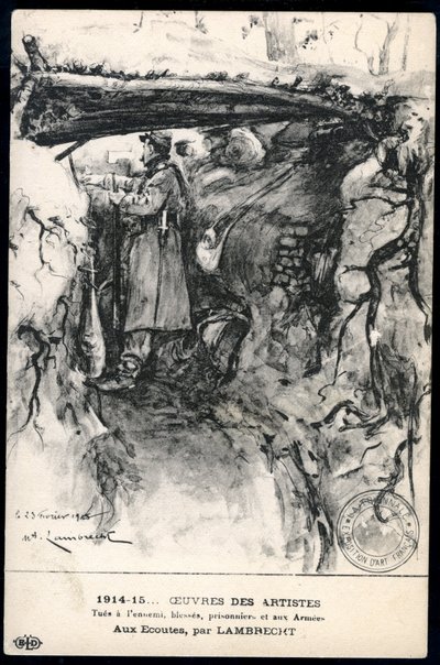 First World War - War 14-18 (1914-1918) - World War I (WWI or WW1): France, Patriotic Map Showing a Drawing of a Soldier in a Trench Watching the Front Line, Titled: 