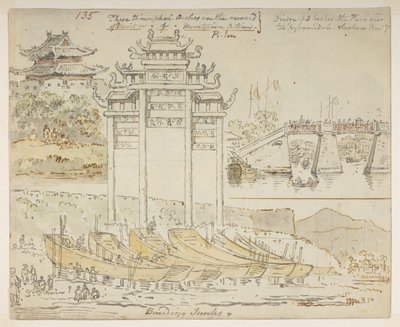 Junks being built near a triumphal arch. These triumphal arches are the reward of Merit or of Meritorious Actions. Bridge of 3 arches. The Piers are too pyramidal. Suchew [Soochow], from an Album of 372 drawings of landscapes, coastlines, costumes and ever by William Alexander