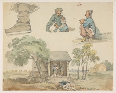 Figure studies and shrine, from an Album of 372 drawings of landscapes, coastlines, costumes and everyday life made during Lord Macartney