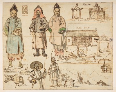 Figure Studies and Buildings Including Tombs, Bridge Nov 15 and Sleeping Places for Husbandmen, from an Album of 372 Drawings of Landscapes, Coastlines, Costumes and Everyday Life by William Alexander