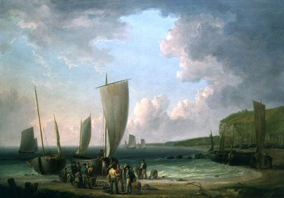 A coastal landscape with fishermen unloading by William Anderson