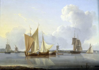 Arrival in Limehouse, London, various boats on the Thames and a mill on the bank, and on the right the Greenwich Hospital by William Anderson