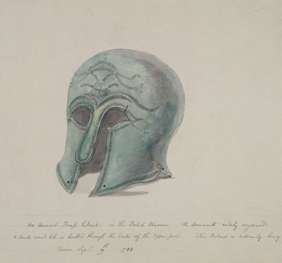 Ancient brass helmet from the British Museum, Holborn, London, 1784 by William Angus