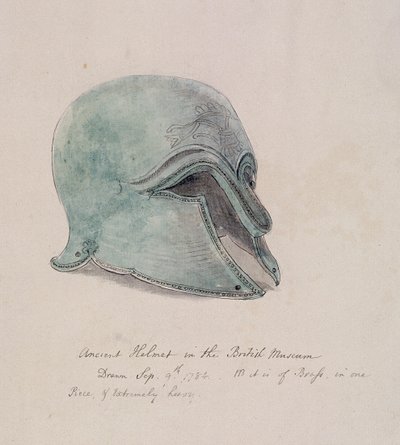 Ancient brass helmet from the British Museum, Holborn, London, 1784 by William Angus