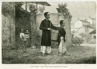 A walking wizard, a blind masseur. Engraving by Barbotin, to illustrate the story Trente mois au Tonkin, in 1884, by Doctor Paul Hocquard, in le tour du monde 1890, under the direction of Edouard Charton by William Barbotin