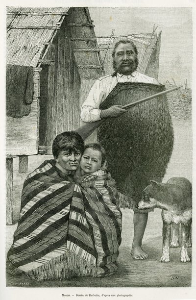 Three generations of Maori. Engraving by Barbotin, to illustrate the story Voyage a la Nouvelle Zelande, in 1889, by G.Verschuur, in le tour du monde 1890, directed by Edouard Charton (1807-1890), Hachette, Paris. by William Barbotin