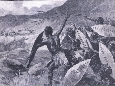 Fighting in the Matoppo Hills: charge of the Matabele, illustration from Cassell