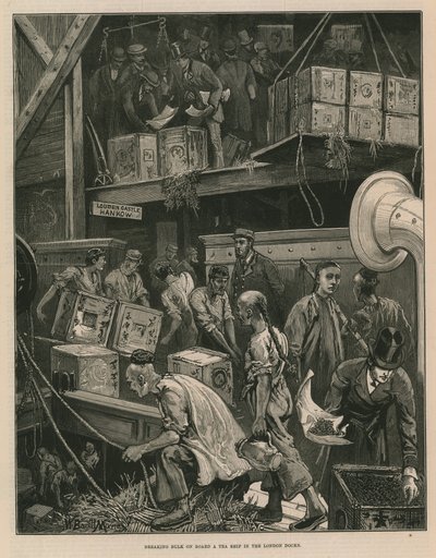 Breaking bulk on board a tea ship in the London docks by William Bazett Murray