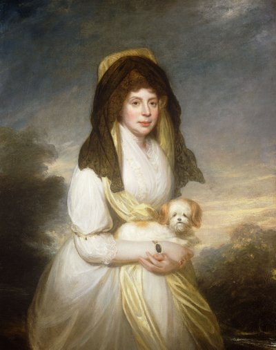 Portrait of Queen Charlotte, Three-Quarter Length, in a White Dress, a Yellow Shawl and Black Mantilla, Holding a Maltese Dog, in the Grounds of Frogmore House by William Beechey