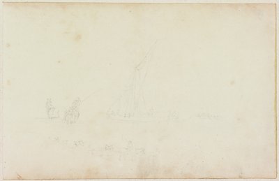 Sketch of Ship Rowing Boat and Rider with Line of Horses by William Beilby