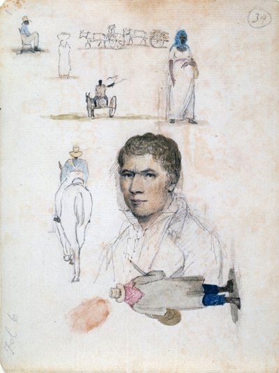 Eight small drawings, including portrait, figure studies, carts by William Berryman
