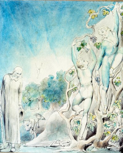 Comus meets one of the brothers busy picking fruit to feed Lady by William Blake