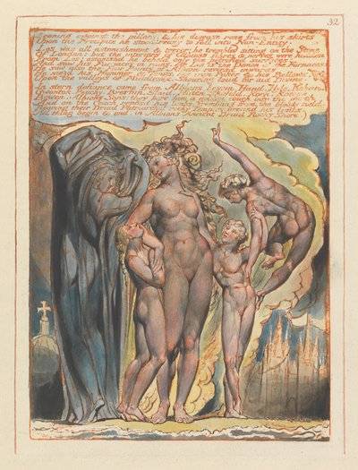 Leaning against the pillars... (Plate 32) by William Blake