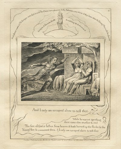 The Book of Job: Pl. 4, And I only am escaped alone to tell thee, 1825 by William Blake