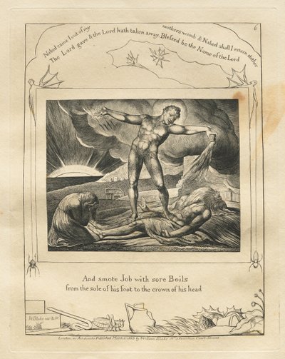 The Book of Job: Pl. 6, And smote Job with sore Boils from the sole of his foot to the crown of his head by William Blake
