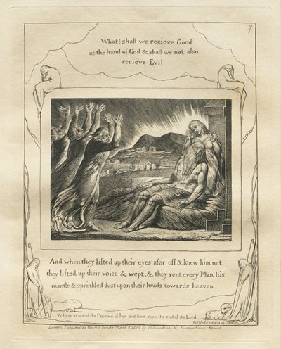 The Book of Job: Pl. 7, And when they lifted up their eyes afar off and knew him not..., 1825 by William Blake