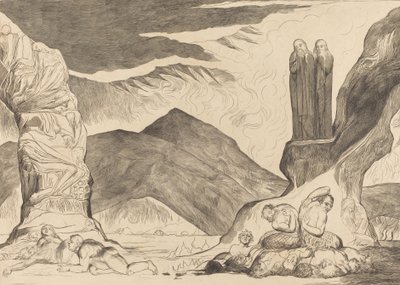 The Circle of the Falsifiers: Dante and Virgil Covering their Noses because of the Stench by William Blake