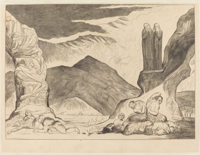 The Circle of the Falsifiers; Dante and Virgil Covering their Noses because of the Stench by William Blake