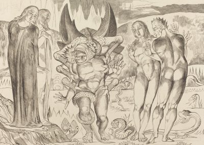 The Circle of the Thieves, Agnolo Brunelleschi Attacked by a Six-Footed Serpent by William Blake