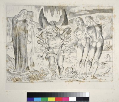 The Circle of the Thieves: Agnolo Brunelleschi Attacked by a Six-Footed Serpent. Inferno, Canto XXV, illustration to the Divine Comedy by Dante Alighieri by William Blake