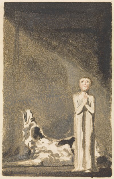 The First Book of Urizen, plate 24, A boy in a long dress, standing with clasped hands to the right of a dog by William Blake