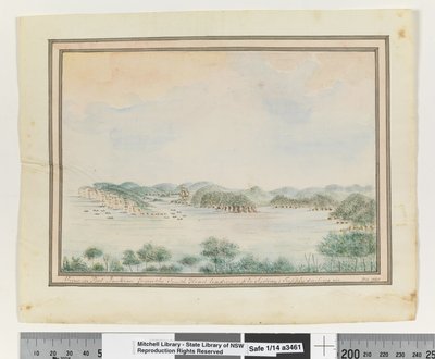 View in Port Jackson from the South Head leading up to Sydney; Supply sailing in, c.1802 by William Bradley