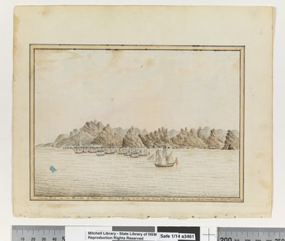 Santa Cruz on the SE side of Teneriffe; Sirius & Convoy in the Roads. June 1787. The Peak Showing in a Gap between two other Mountains by William Bradley