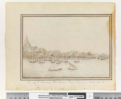 City of St. Sebastians, Rio Janeiro: Sirius & Convoy at Anchor. 1787 by William Bradley