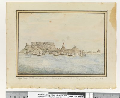 Cape Town, Table Mountain & Sirius & Convoy in Table Bay, November 1787, c.1802 by William Bradley