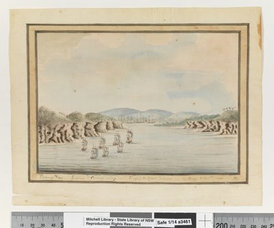 Botany Bay. Sirius & Convoy going in: Supply & Agents Division in the Bay. 21 Janry 1788 by William Bradley