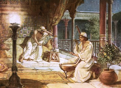 David playing on the harp before Saul by William Brassey Hole