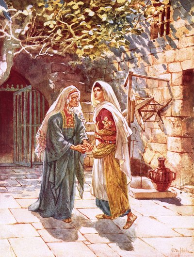 Mary goes into the hill country and meets Elizabeth by William Brassey Hole