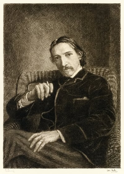 Robert Louis Stevenson (1850-1894) British author best known for his bestselling books Treasure Island, Kidnapped and the Strange Case of Dr Jekyll and Mr Hyde. Illustration by William Brassey Hole by William Brassey Hole