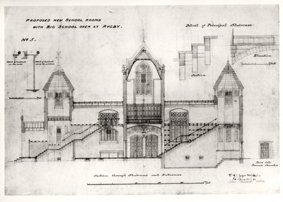 Details of Entrances, Stairs, Furnace Chamber Doorway and Handrails, (New Big School), Rugby School by William Butterfield