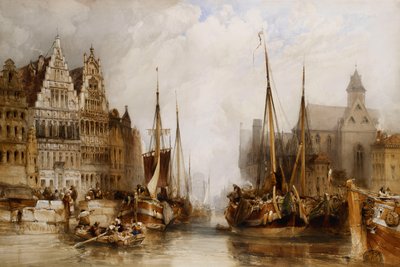 Houses of the Franc Bateliers and Church of St. Nicholas on the Canal at Ghent by William Callow