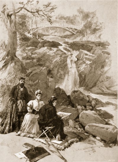 Queen Victoria as an artist: Her Majesty sketching the Falls of Garrawalt, Braemar by William Crimea Simpson