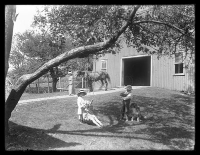 Children of the McCready Family with a Dog and Puppy Gathered Around a Rope Swing Outside a Barn, c.1913 by William Davis Hassler