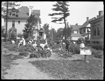 Children working in the garden at the Poppenhusen branch of the Queens Borough Public Library, August 14, 1915 by William Davis Hassler