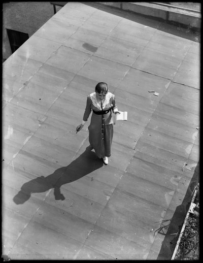 Girl stenographer on roof with pad by William Davis Hassler