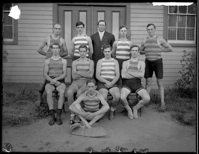 Group of unidentified young men posing in swimming costume by William Davis Hassler