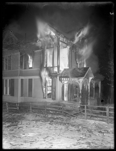 Prescott Cottage fire at night, Inwood Hill, 1914 by William Davis Hassler