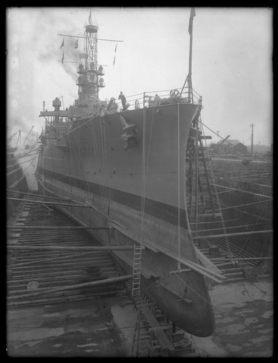 The U.S.S. Utah in dry dock at the Brooklyn Navy Yard by William Davis Hassler