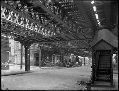 Under the Elevated Railroad Tracks at the Corner of Greenwich Street and Rector Street, New York City by William Davis Hassler