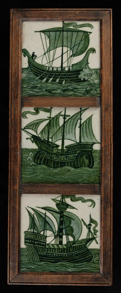 Tile panel of ships in full sail, in frame, c.1865-80 by William de Morgan
