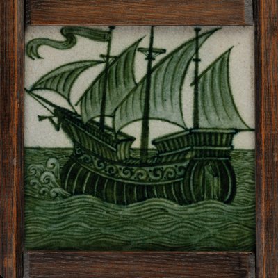 Tile panel of ships in full sail, in frame, c.1865-80 by William de Morgan