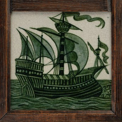 Tile panel of ships in full sail, in frame, c.1865-80 by William de Morgan