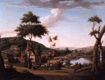 River Landscape with Figures Outside a Cottage by William Deas
