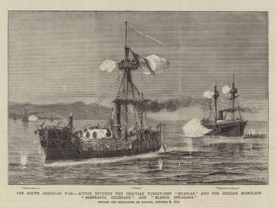 The South American War, Action between Peruvian Turret-Ship Huascar and the Chilian Ironclads Almirante Cochrane and Blanco Encalada by William Edward Atkins